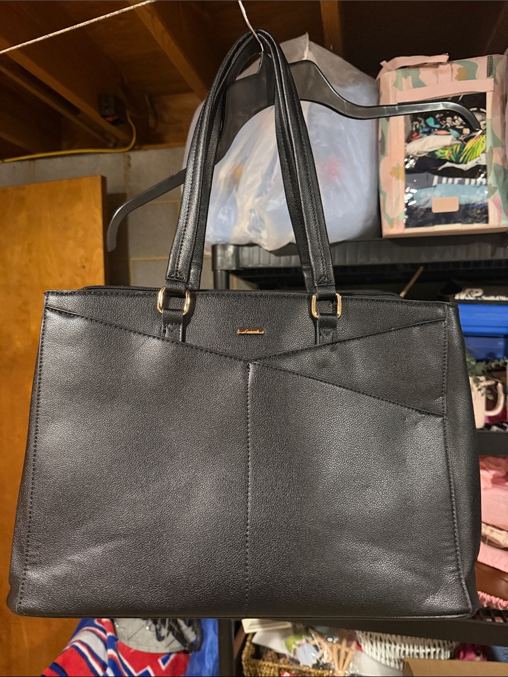 Black Faux Leather Structured Tote Bag with Dual Straps